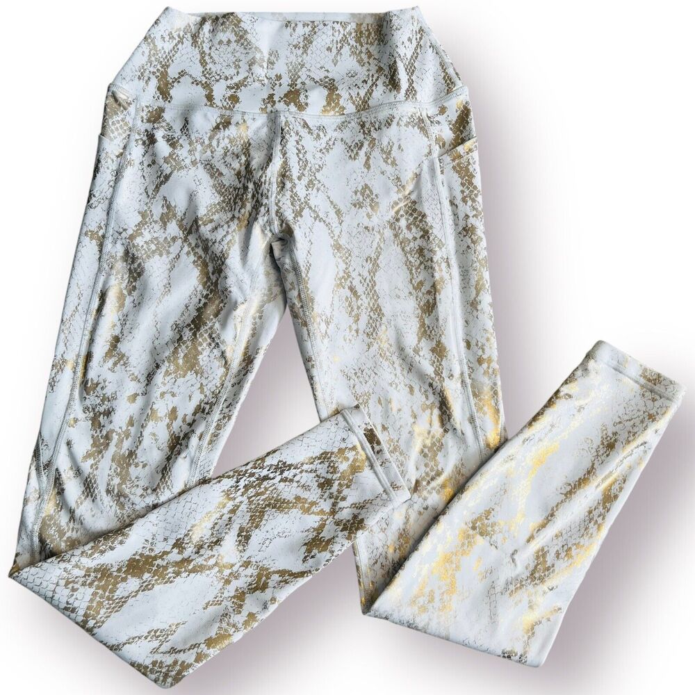 Curves N Combatboots Small White Metallic Gold Snake Reptile Print Leggings Gym